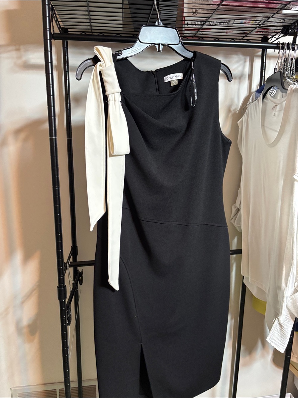Calvin Klein Black One-Shoulder Sheath Dress with Ivory Bow